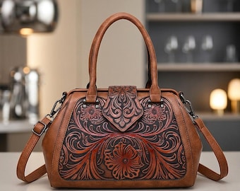 Tooled Floral Handbag, Embossed Satchel Purse, Western Style Shoulder Bag, Gift for Women