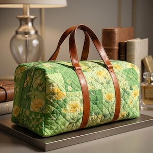 May include: A quilted duffel bag with a patchwork design in shades of green and yellow, featuring a floral pattern. The bag has brown leather handles and a zipper closure. The bag is designed for travel or overnight stays.
