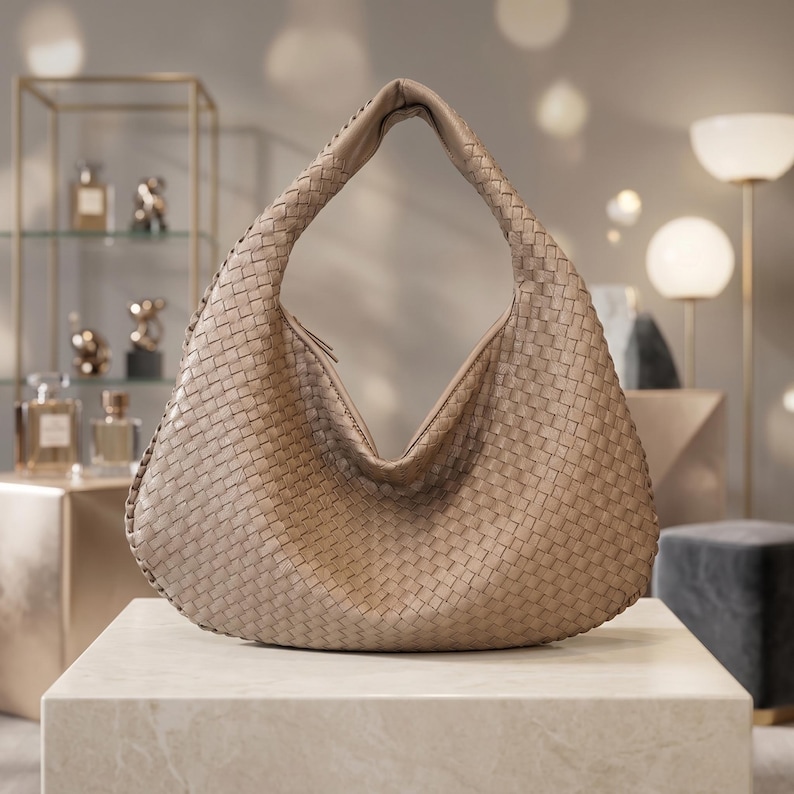 May include: A beige woven leather shoulder bag with a large, open top handle. The bag has a soft, slouchy shape and is displayed on a marble surface. The bag's woven texture is visible, and the overall style is elegant.