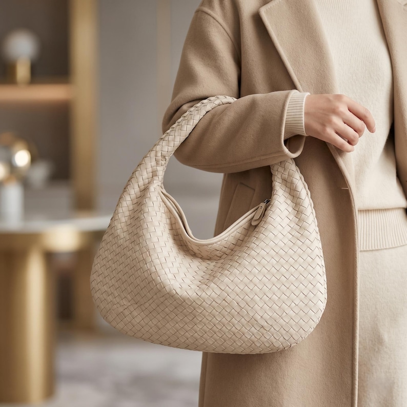 May include: A cream-colored, woven leather shoulder bag with a curved shape and a braided handle. The bag features a zipper closure and a soft, neutral color, suitable for everyday use. The bag is held by a person wearing a beige coat.