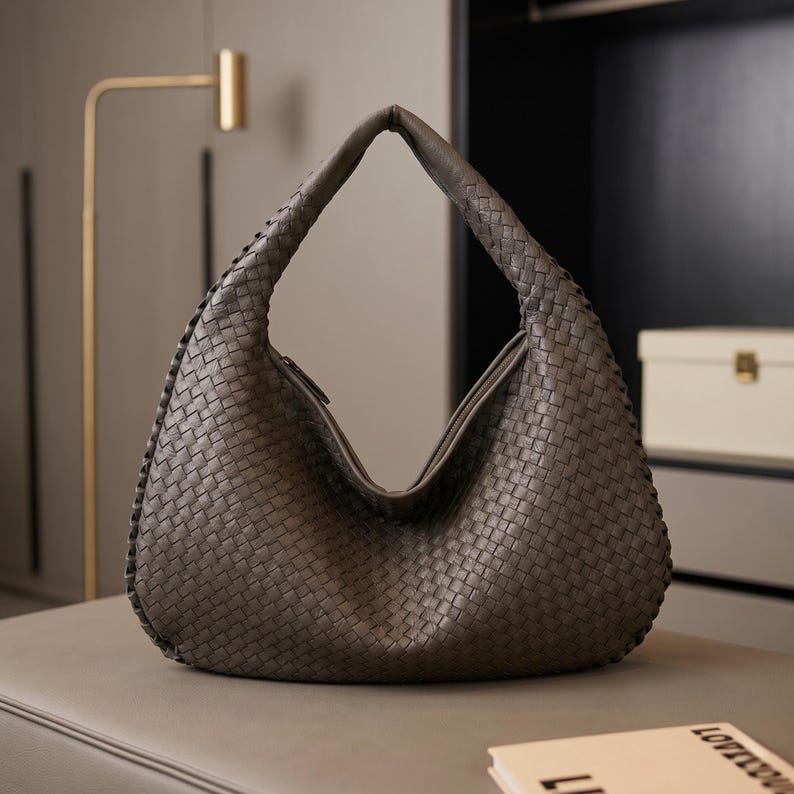 May include: A large, woven leather shoulder bag in a muted gray color. The bag has a curved, crescent shape with a single, wide handle. The woven pattern is visible across the entire surface of the bag, and a zipper is visible at the top.