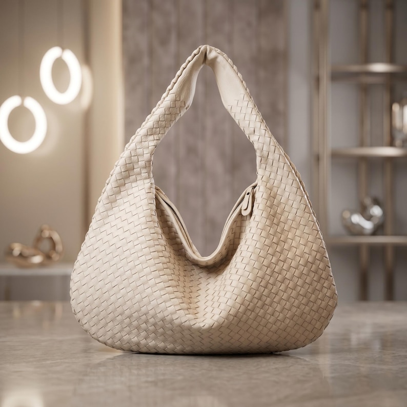 May include: Cream-colored woven leather shoulder bag with a large, open handle. The bag has a soft, slouchy shape and a zipper closure. The woven pattern is visible across the entire surface of the bag. The bag is sitting on a marble surface.