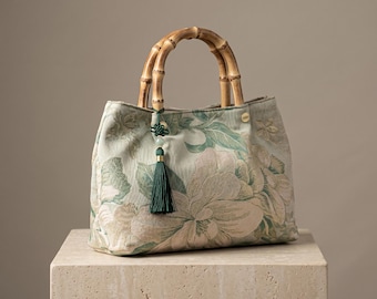 Elegant Floral Bamboo Handle Bag, Vintage Oriental Handbag, Luxury Women Tote Purse