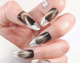 Press On Nails Long Oval Shape | Modern Mocha White French Cat Eye Nails | Handmade Reusable Salon Quality | Minimalist Elegant Coffee Tone