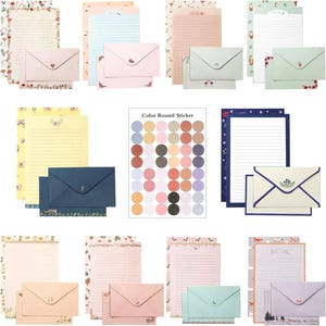 May include: A stationery set featuring multiple designs of lined writing paper and matching envelopes with various floral, animal, and nature-themed illustrations, plus a sheet of round stickers labeled Color Round Sticker in the center.