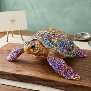 May include: A decorative turtle figurine featuring a gold-toned metal body adorned with an intricate mosaic of multicolored crystals and gemstones in shades of purple, blue, green, and amber, covering the shell and flippers in a detailed pattern.