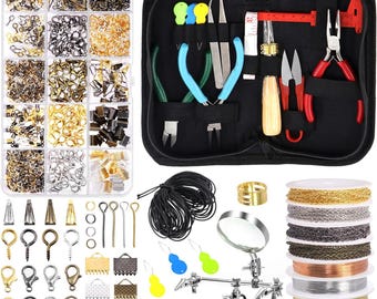 May include: A jewelry-making kit with various components. Includes a black zippered case with tools, a clear plastic organizer with clasps, and spools of wire. Also features pliers, wire, and a magnifying glass.