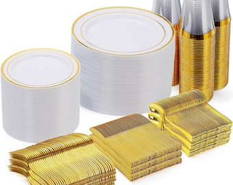 600Pcs Gold Disposable Dinnerware Set for 100 Guests, Plastic Dinner & Dessert Plates, Spoons And Forks for Wedding, Birthday And  Party