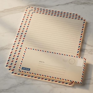 May include: Stationery set featuring cream-colored lined paper and an envelope. The edges of the paper and envelope are decorated with a repeating pattern of red, white, and blue diagonal stripes. The envelope has the words "AIR MAIL" printed on it.