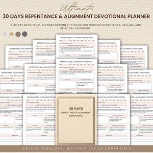 Może przedstawiać: Planer dewocyjny z beżową okładką i złotą obwódką, zatytułowany "30 Days Repentance & Alignment Devotional". Obraz przedstawia wiele stron z tekstem i wskazówkami do refleksji. Planer przeznaczony jest do rozwoju duchowego i uzdrowienia.