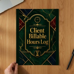 Könnte beinhalten: Ein rechteckiger Notizbuchumschlag mit dunkelgrünem und marineblauem Marmormuster sowie goldenen geometrischen Linien. In der Mitte befindet sich ein gold umrandetes Etikett mit dem Text Client Billable Hours Log, einer Uhr und einer Sanduhr.