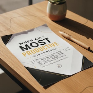 May include: A white paper productivity planner with black and yellow text reading When Am I Most Productive Grid Printable, featuring sections for energy level tracking, remote work, daily performance planning, and focus optimization templates.