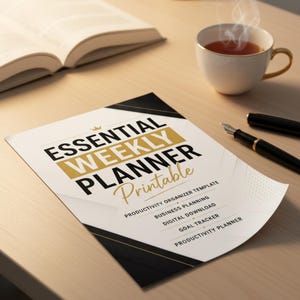 May include: A white paper sheet featuring black and gold text that reads ESSENTIAL WEEKLY PLANNER Printable, PRODUCTIVITY ORGANIZER TEMPLATE, BUSINESS PLANNING, DIGITAL DOWNLOAD, GOAL TRACKER, and PRODUCTIVITY PLANNER with a small gold crown icon.