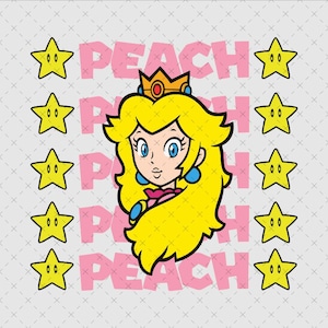 Fan art della Principessa Peach, download immediato in formato PNG e SVG, stile cartone animato retrò, stampa su maglietta, adesivo o tazza.