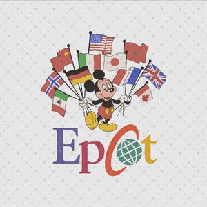 May include: A graphic illustration of Mickey Mouse holding a cluster of various international flags, including the United States, Japan, and Canada. Below the character, the text reads Epcot, with the letter O replaced by a green globe icon.