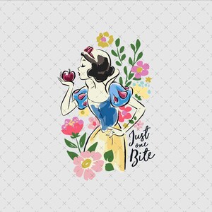 May include: A graphic illustration of a character with black hair, a blue bodice, and a yellow skirt, holding a red apple. The character is surrounded by pink, yellow, and green flowers. The text "Just one Bite" is written in black script.