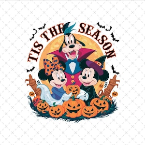 May include: A graphic illustration featuring Goofy, Minnie Mouse, and Mickey Mouse dressed in Halloween costumes, surrounded by jack-o'-lanterns and bats against a full moon background, with the text 'TIS THE SEASON' arched above them.