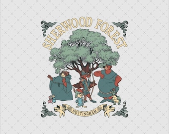 Personaggi di Robin Hood nella foresta di Sherwood, download immediato PNG SVG, arte fiabesca retrò, stampa per maglietta, poster, borsa tote