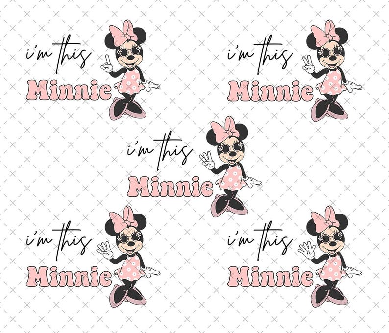A repeating pattern featuring Minnie Mouse in a pink dress, sunglasses, and bow. The text "i'm this Minnie" is above and below the character in a retro font. The background is white with a subtle crosshatch pattern.