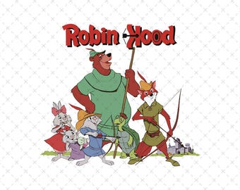Personaggi di Robin Hood in stile retrò, file PNG scaricabile immediatamente, grafica classica dei cartoni animati, design stampabile per magliette.