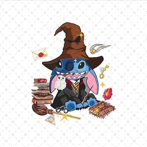 May include: A blue alien character wearing a brown wizard hat, a black robe, and a striped tie. The character is surrounded by a stack of books, a white owl, a broomstick, a golden snitch, a key, a red crystal, and a book with a lock.