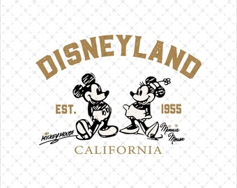 Viaggio in famiglia di Topolino e Minnie, fondato nel 1955 in California, download immediato PNG SVG, grafica retrò vintage con linee nere, stampabile, adesivo per maglietta, poster