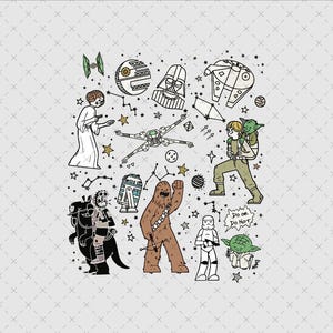 Könnte beinhalten: Ein Grafikdruck mit Star Wars Charakteren und Fahrzeugen, darunter Prinzessin Leia, Darth Vader, Luke Skywalker mit Yoda, Chewbacca, ein Stormtrooper, R2-D2 und ein X-Wing. Das Design enthält Sterne, Sternbilder und den Text Do or Do Not.