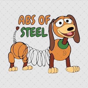 Può includere: Un'illustrazione a cartoni animati di un bassotto giocattolo marrone con un corpo a molla metallica, un collare verde e zampe color cuoio. Il testo ABS OF STEEL è stampato in arancione e verde sopra il cane. Il personaggio ha lunghe orecchie marroni.