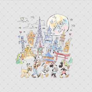 Topolino, Minnie, Pippo, Paperino e Pluto - Parco a tema PNG, download digitale, schizzo ad acquerello, stampa su maglietta, tazza, adesivo.