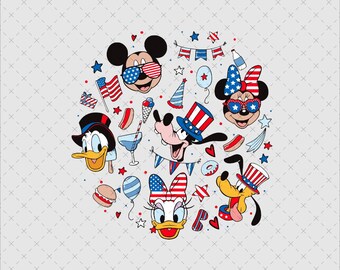 Topolino e i suoi amici per il 4 luglio, download immediato PNG SVG, personaggi dei cartoni animati patriottici, stampa per maglietta