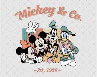 Gruppo di Topolino, Minnie, Pippo e Paperino, download immediato PNG SVG, cartone animato retrò vintage, stampabile per maglietta, adesivo, poster