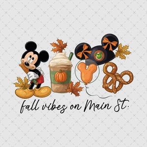 Può includere: Un'illustrazione grafica con Topolino che tiene in mano un churro, un pumpkin spice latte, un paio di orecchie da topo nere con fiocchi arancioni, un palloncino a forma di Topolino e un pretzel, circondati da foglie autunnali con il testo fall vibes on Main St.
