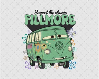 Fillmore Vw Bus Cartoon Character, download immediato PNG SVG, arte del film auto retrò, stampa su maglietta adesiva