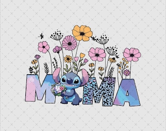 Stitch Mama Flowers Download digitale, download immediato PNG SVG, stampa floreale a cartone animato per maglietta e tazza, adesivo
