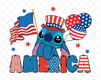 Stitch, personaggio patriottico americano, download digitale immediato in formato PNG e SVG, file stampabile per il 4 luglio.