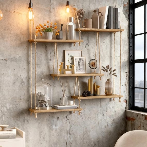 5 Tier Rustic Organizer | Hanging Rope Shelf Set | Boho Wood Wall