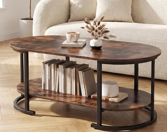 Oval Coffee Table with Storage Shelf | Industrial 2-Tier Living Room Table | Rustic Wood Metal Frame | Gift for housewarming