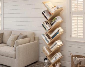 10-Shelf Tree Bookshelf | Sculptural Wood Bookcase with Triangular Base | Tall Floor Standing Book Shelf | Multiple Colors Available | gift