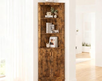 Tall Corner Cabinet with Doors & Adjustable Shelves | Freestanding Corner Storage Cabinet for Bathroom Living Room | Rustic White