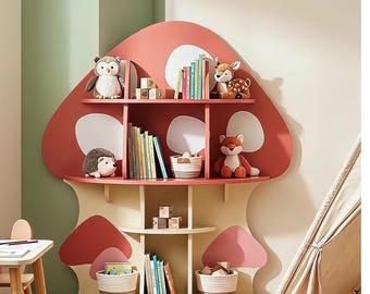 Mushroom Bookshelf for Kids | Toddler Book Storage | Wooden Playroom Shelf | Children Room Decor | Nursery Bookcase | Montessori bookshelf