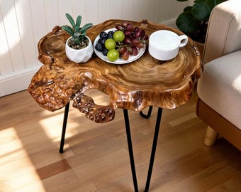 Live Edge Side Table Natural Teak Root Slab | Handcrafted Wood Accent Table Hairpin Legs | Rustic Boho Nightstand Home Decor