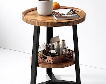 Round Coffee Table Rustic Wood | Two Tier Small Coffee Table | Wooden End Table Shelf | Farmhouse Decor Living Room Accent