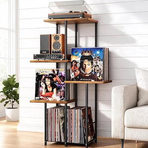 May include: A wooden and black metal record storage unit with a turntable, speakers, and audio components. The unit displays vinyl records and album covers. The shelves are made of wood and the frame is black.