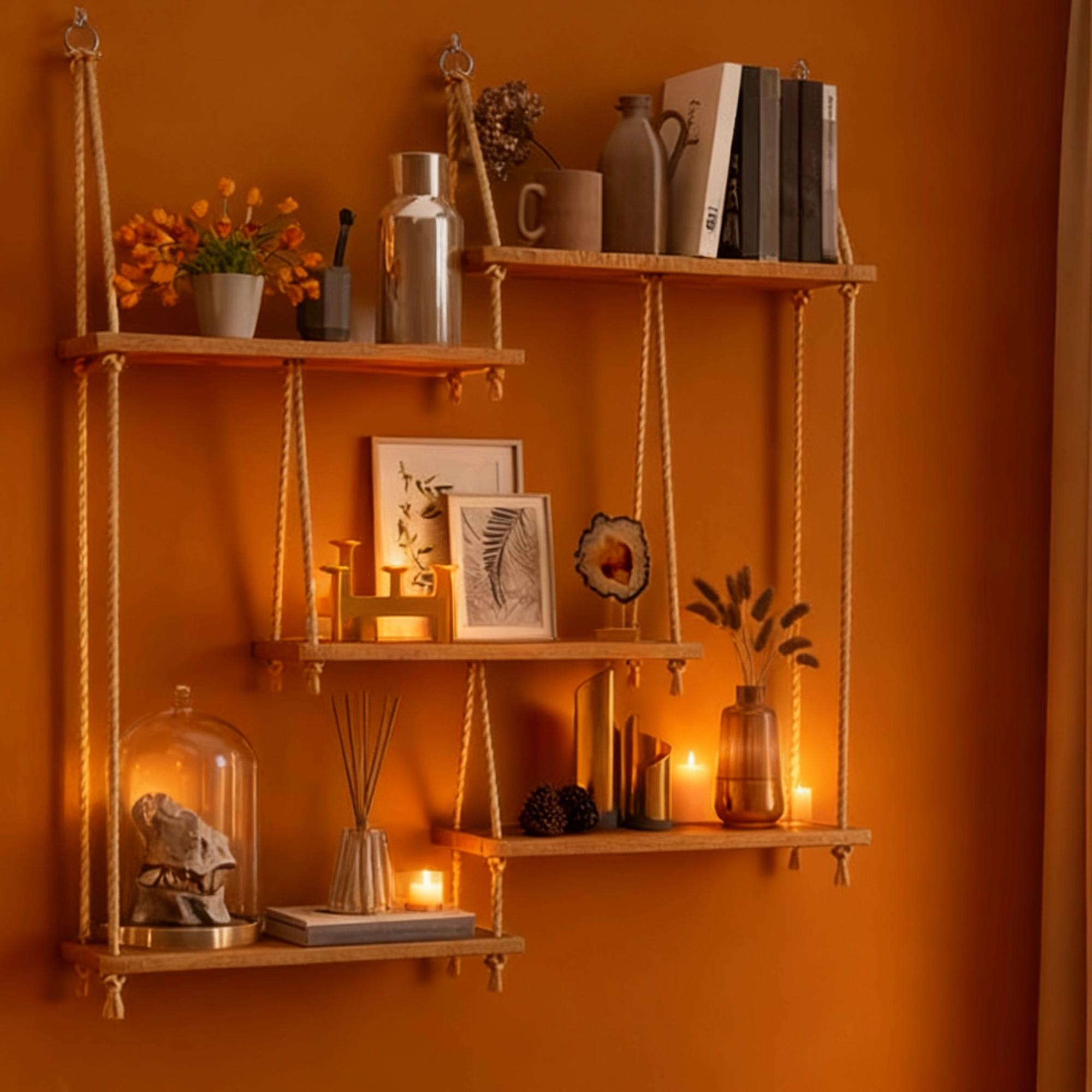 5 Tier Rustic Organizer | Hanging Rope Shelf Set | Boho Wood Wall