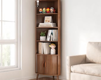 Tall Corner Bookshelf with Cabinet Doors | Mid Century Modern Wood Corner Bookcase | 5 Tier Display Storage Shelf | Montessori bookshelves