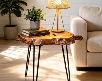Solid Wood Live Edge Side Table, Rustic Wood End Table with Hairpin Legs, Coffee Table, Natural Slab Accent Table,Modern Farmhouse Decor