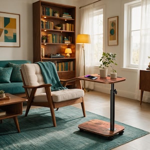 Adjustable Height C Table with Wheels | Rustic Wood Rolling Side Table | Sofa Couch Bed Tray with Tablet Slot | Mobile Nightstand