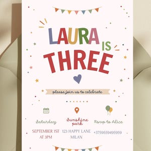 Retro Kids Birthday Invitation Template, Colorful Minimalist Kids Birthday Invite, Bunting Flags Toddler Birthday, Editable Canva Invitation
