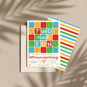 Two Much Fun Birthday Invitation Template, 2nd Birthday Invite, Colorful Crayon Birthday Party, Editable Canva Invitation, Boy Girl