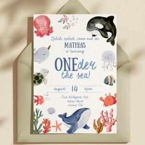 Oneder the Sea Birthday Invitation, Editable Under the Sea 1st Birthday Invite, Boy Ocean Sea Creatures Party, Cute Watercolor animals whale
